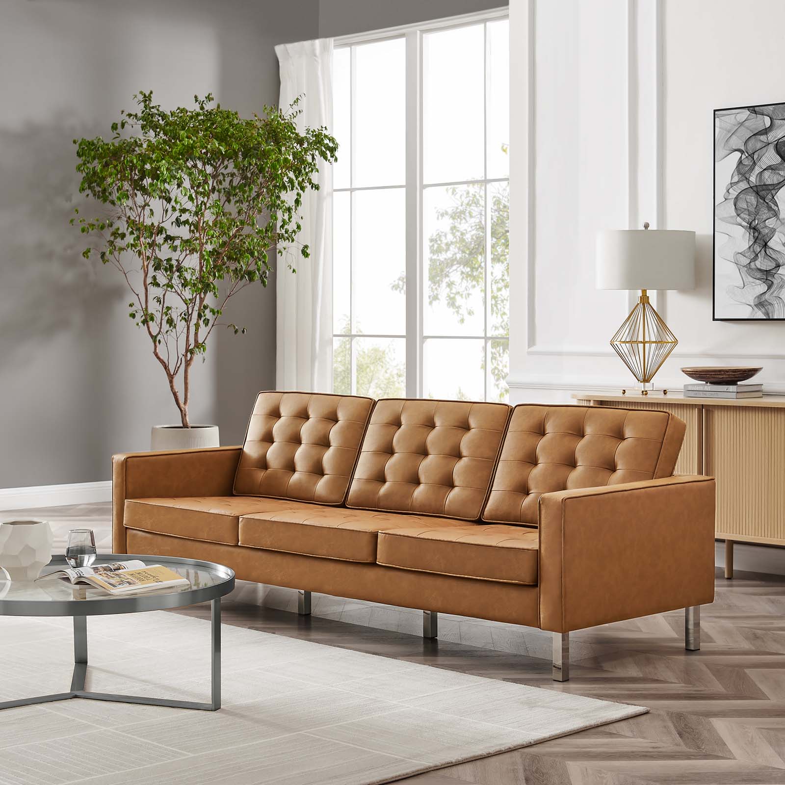 Allen Tufted Upholstered Faux Leather Sofa