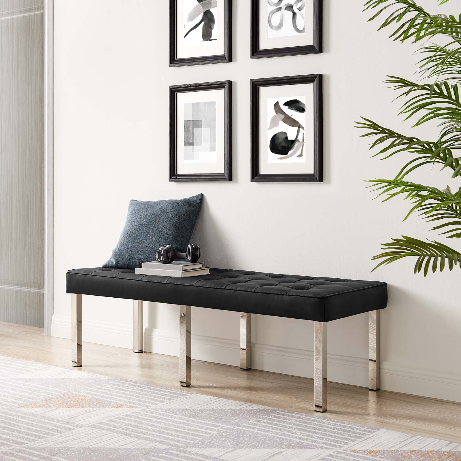 Loft Tufted Vegan Leather Bench, Black