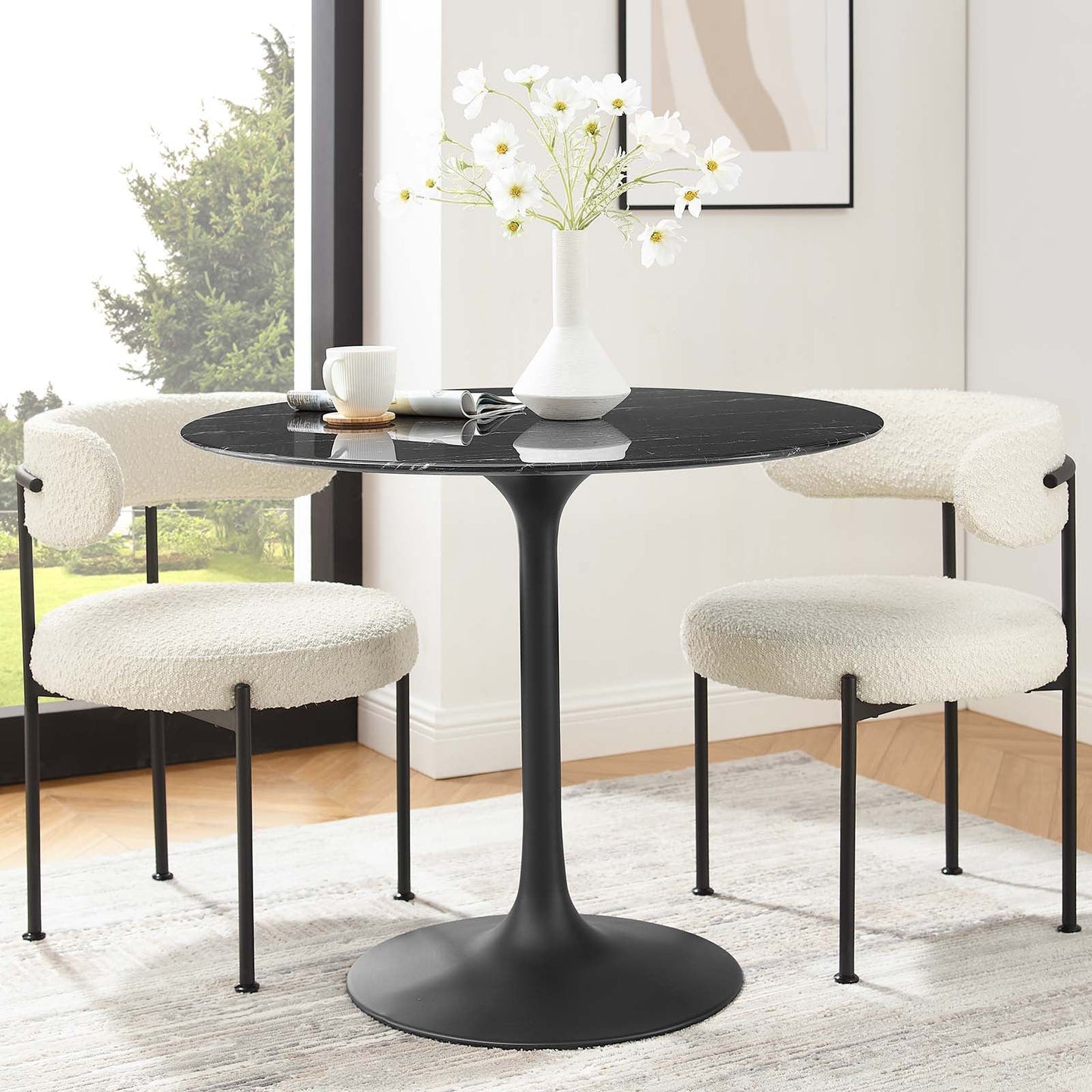 Tulip Round Artificial Marble Top Dining Tables, Black