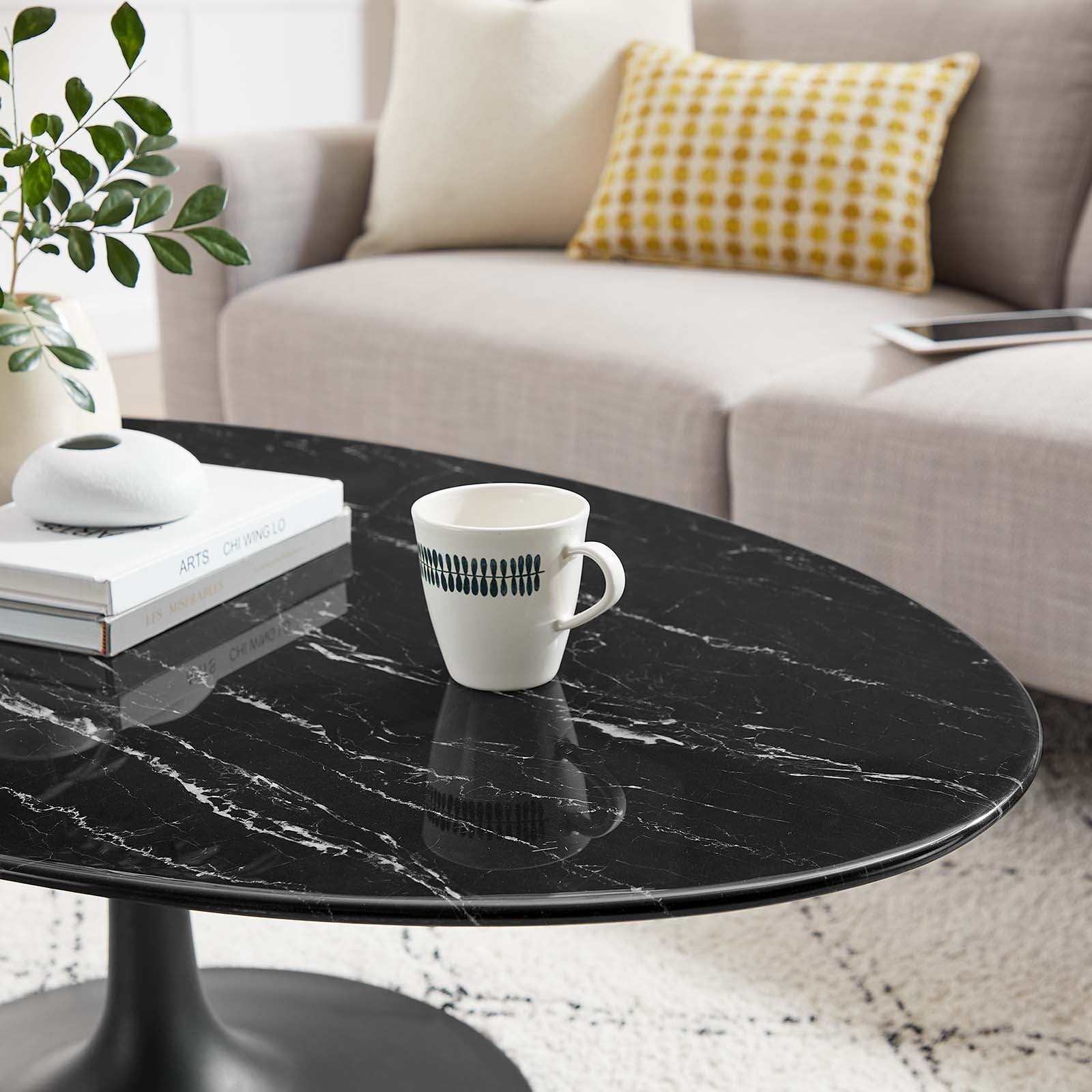 Tulip Oval Artificial Marble Coffee Table, Black