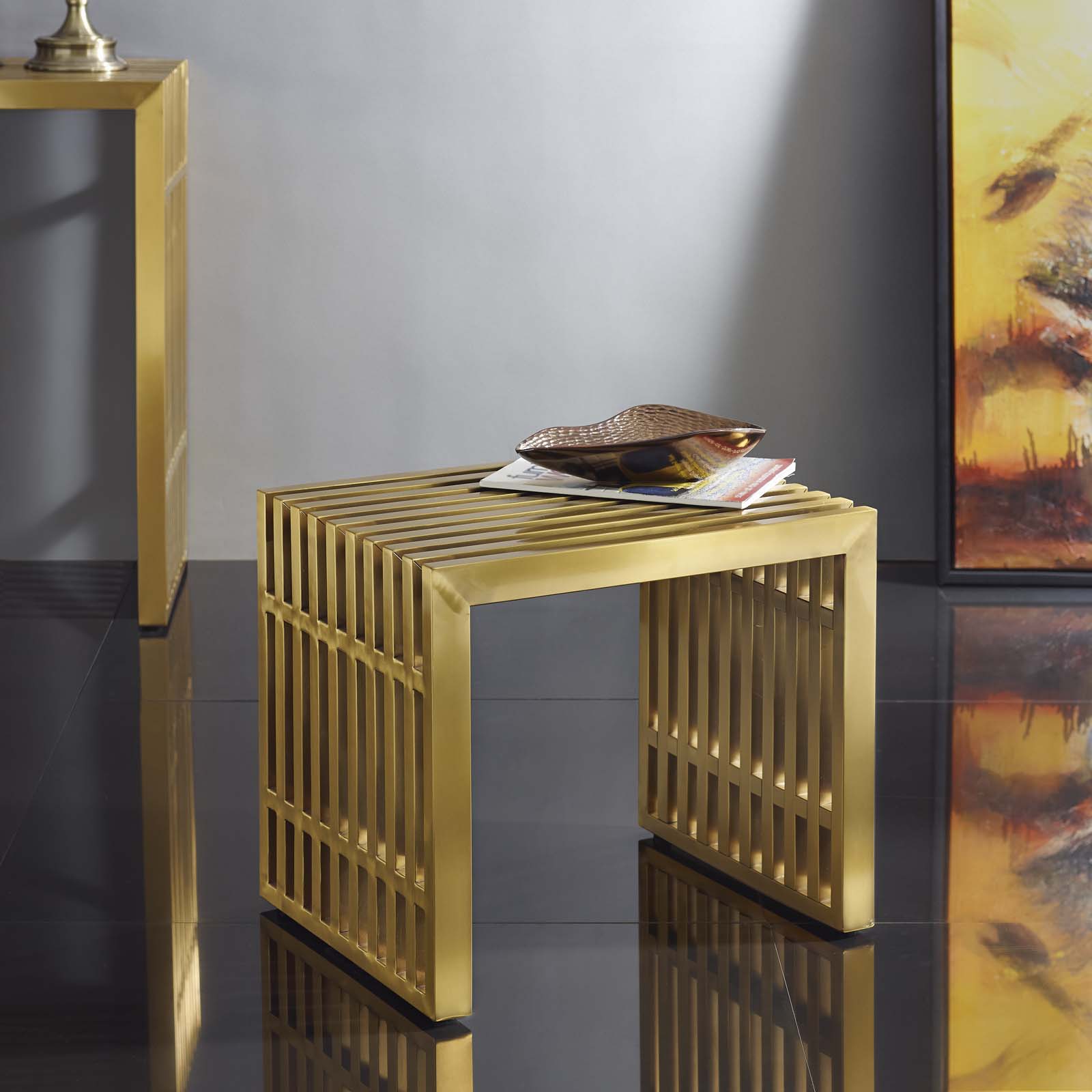 Gridiron Large Stainless Steel Bench in Gold