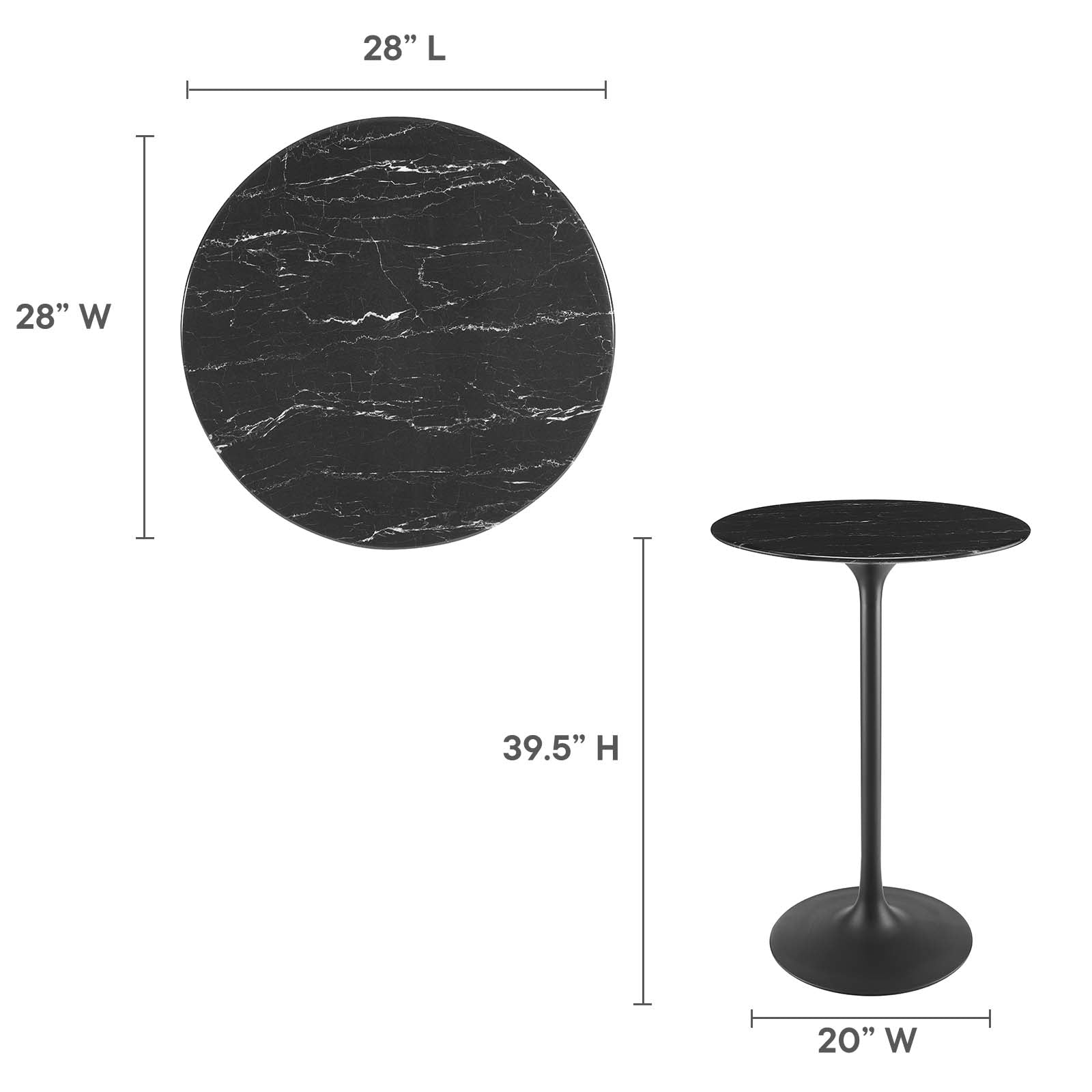 Tulip 28" Round Artificial Marble Bar Table, Black