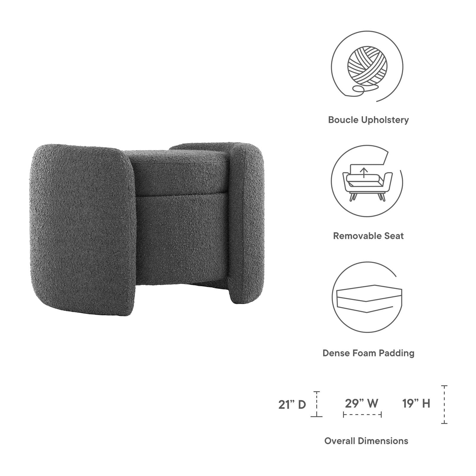 Nebula Boucle Upholstered Ottoman, Charcoal