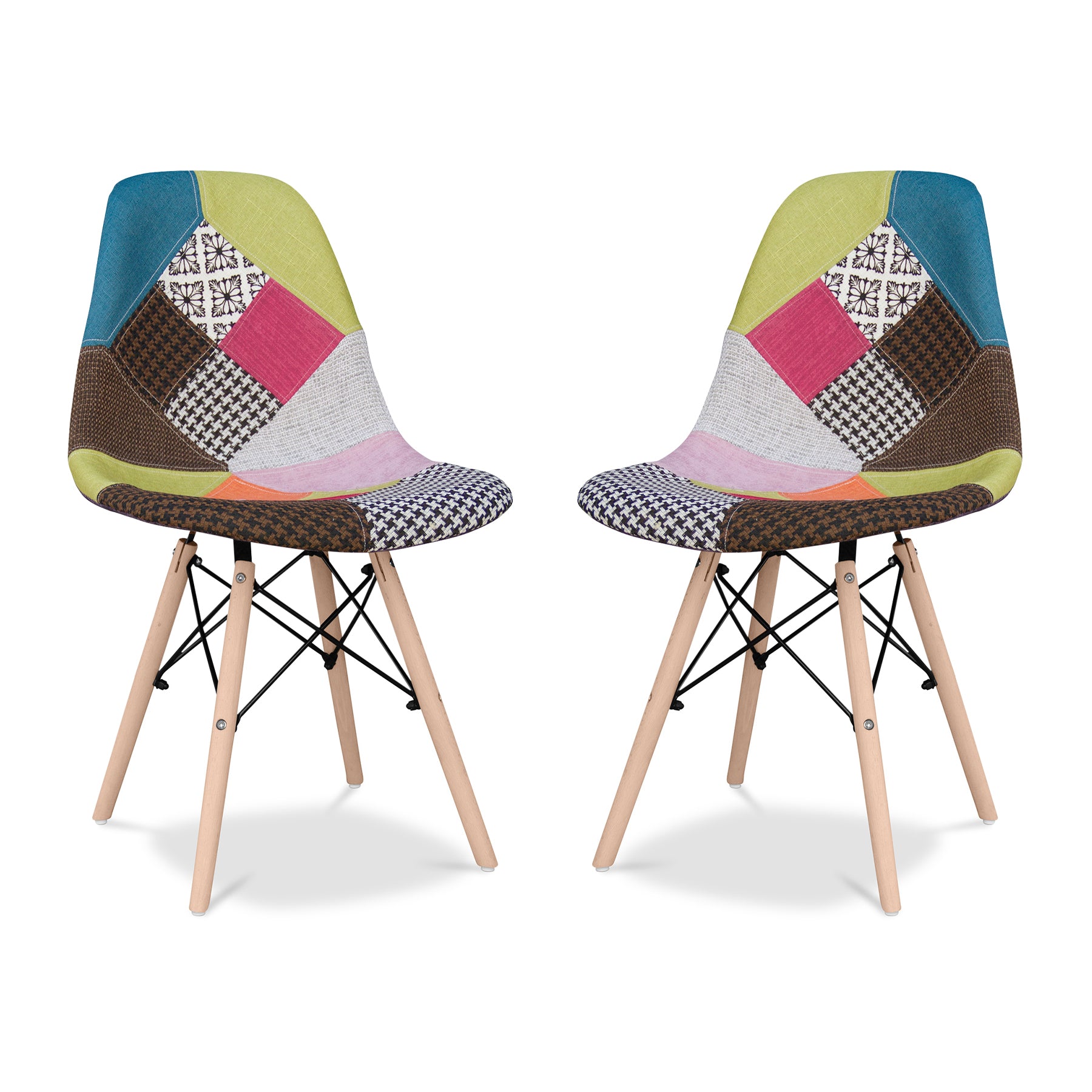 Patchwork Pattern Fabric Armchair Wood Legs