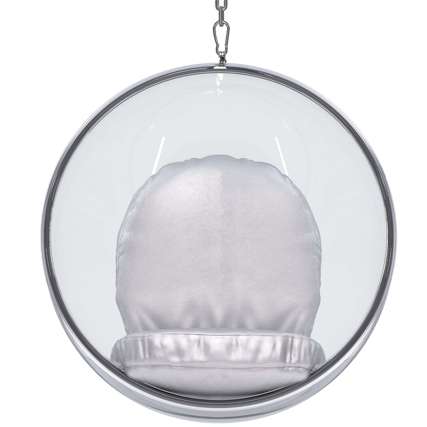 Clear Bubble Chair with Silver Vinyl Cushion & Chrome Chain